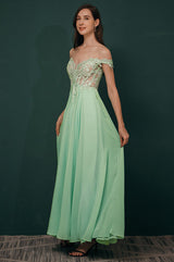 Mint Green Chiffon See-through Off-the-shoulder Lace Evening Dress-stylesnuggle