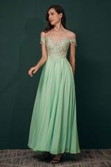 Mint Green Chiffon See-through Off-the-shoulder Lace Evening Dress-stylesnuggle