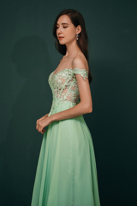 Mint Green Chiffon See-through Off-the-shoulder Lace Evening Dress-stylesnuggle