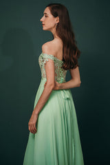 Mint Green Chiffon See-through Off-the-shoulder Lace Evening Dress-stylesnuggle