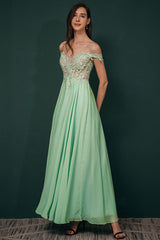 Mint Green Chiffon See-through Off-the-shoulder Lace Evening Dress-stylesnuggle