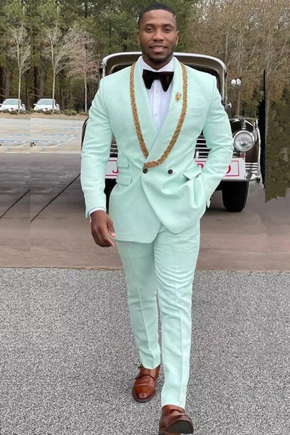 Discover Mint Green Fashion Shawl Lapel Double Breasted Wedding Suits with Appliques with stylesnuggle. Shop for a range of Mint Shawl Lapel Men Suits for every occasion with rush order service in cheap price.