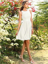 A-Line Charming Bateau Applique Sleeveless Short Chiffon Bridesmaid Dresses