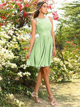 A-Line Charming Bateau Applique Sleeveless Short Chiffon Bridesmaid Dresses