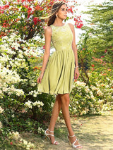 A-Line Charming Bateau Applique Sleeveless Short Chiffon Bridesmaid Dresses