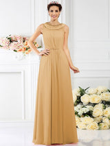 A-Line Charming Bateau Beading Sleeveless Long Chiffon Bridesmaid Dresses