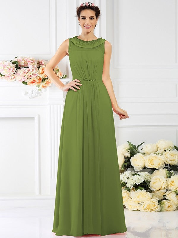 A-Line Charming Bateau Beading Sleeveless Long Chiffon Bridesmaid Dresses