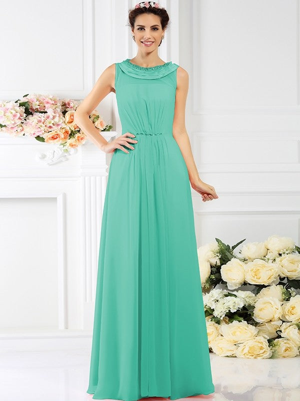 A-Line Charming Bateau Beading Sleeveless Long Chiffon Bridesmaid Dresses