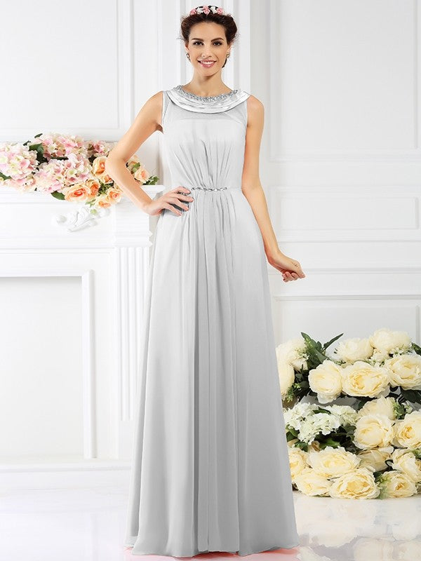 A-Line Charming Bateau Beading Sleeveless Long Chiffon Bridesmaid Dresses