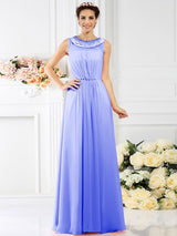 A-Line Charming Bateau Beading Sleeveless Long Chiffon Bridesmaid Dresses