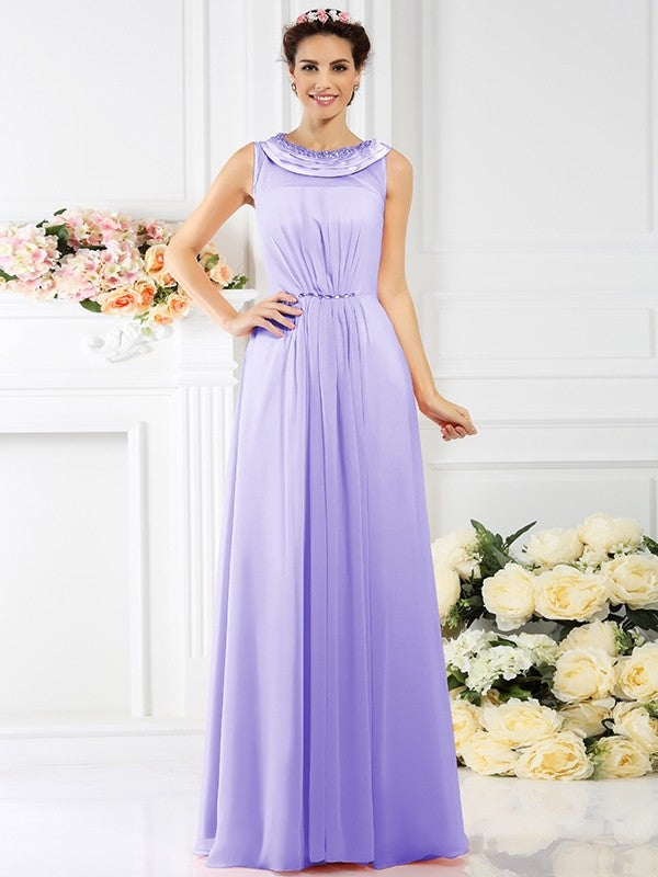 A-Line Charming Bateau Beading Sleeveless Long Chiffon Bridesmaid Dresses