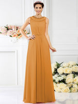 A-Line Charming Bateau Beading Sleeveless Long Chiffon Bridesmaid Dresses