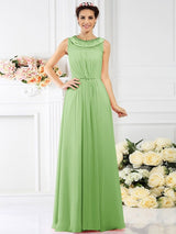 A-Line Charming Bateau Beading Sleeveless Long Chiffon Bridesmaid Dresses