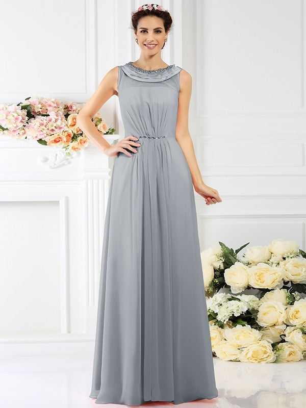 A-Line Charming Bateau Beading Sleeveless Long Chiffon Bridesmaid Dresses