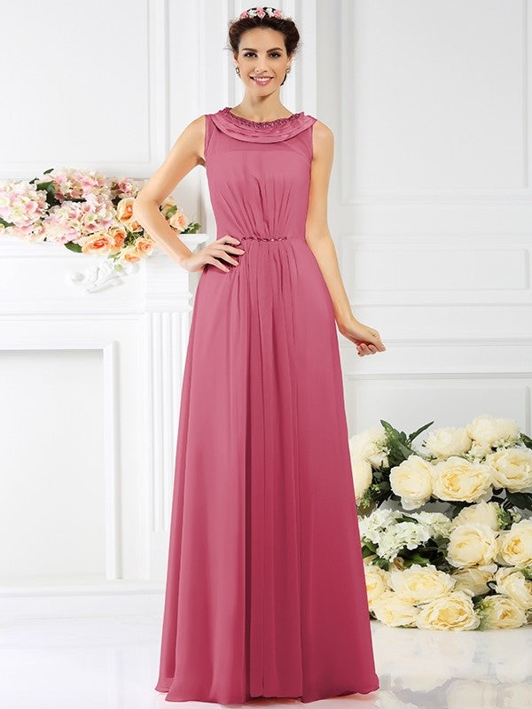 A-Line Charming Bateau Beading Sleeveless Long Chiffon Bridesmaid Dresses