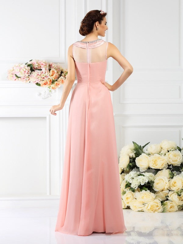 A-Line Charming Bateau Beading Sleeveless Long Chiffon Bridesmaid Dresses