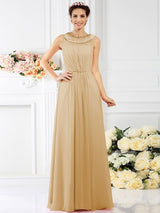 A-Line Charming Bateau Beading Sleeveless Long Chiffon Bridesmaid Dresses