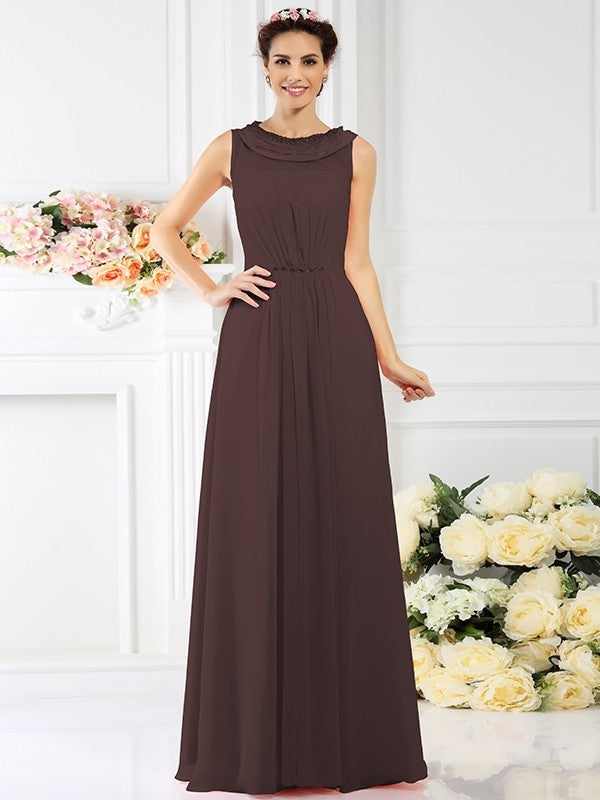 A-Line Charming Bateau Beading Sleeveless Long Chiffon Bridesmaid Dresses