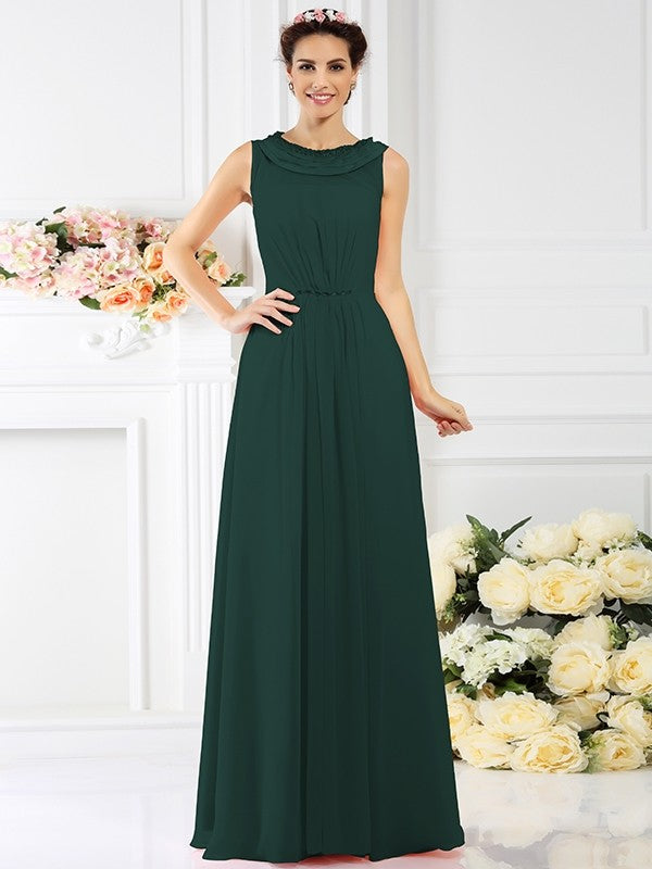 A-Line Charming Bateau Beading Sleeveless Long Chiffon Bridesmaid Dresses