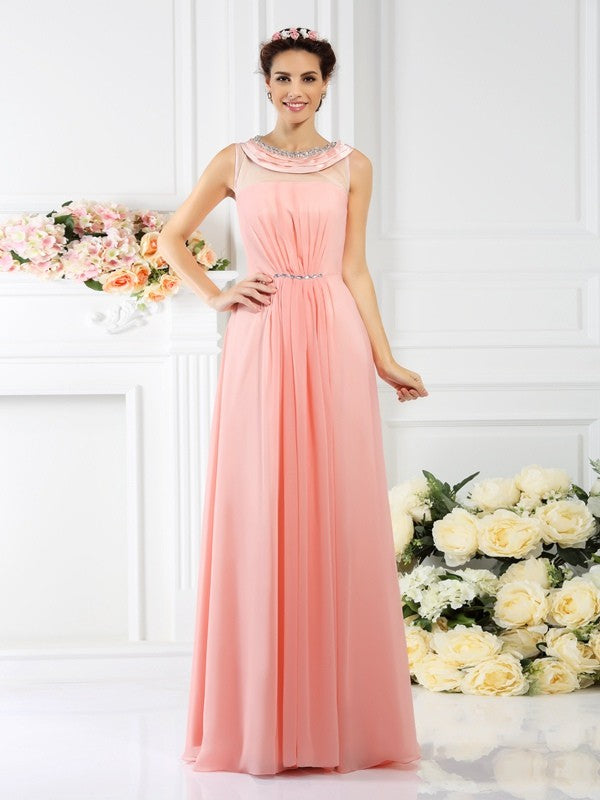 Modern Bateau Beading Sleeveless Long Chiffon Bridesmaid Dresses