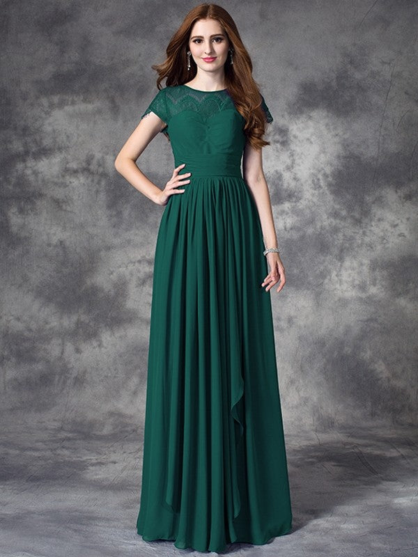 A-Line Charming Bateau Lace Sleeveless Long Chiffon Bridesmaid Dresses