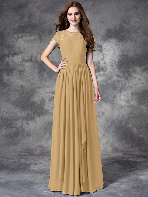 A-Line Charming Bateau Lace Sleeveless Long Chiffon Bridesmaid Dresses