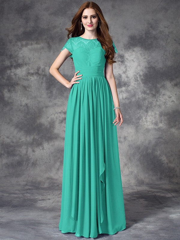 A-Line Charming Bateau Lace Sleeveless Long Chiffon Bridesmaid Dresses