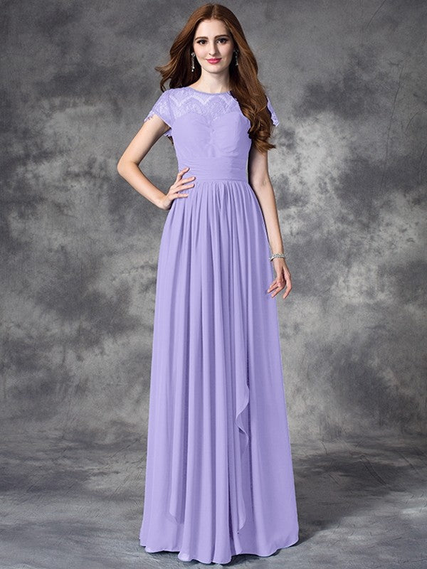 A-Line Charming Bateau Lace Sleeveless Long Chiffon Bridesmaid Dresses