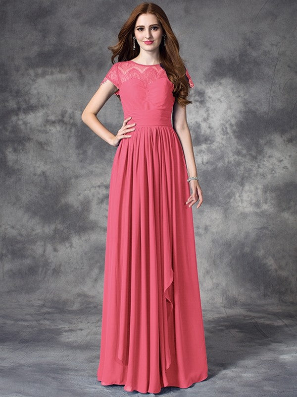 A-Line Charming Bateau Lace Sleeveless Long Chiffon Bridesmaid Dresses