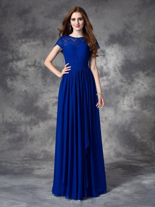 A-Line Charming Bateau Lace Sleeveless Long Chiffon Bridesmaid Dresses