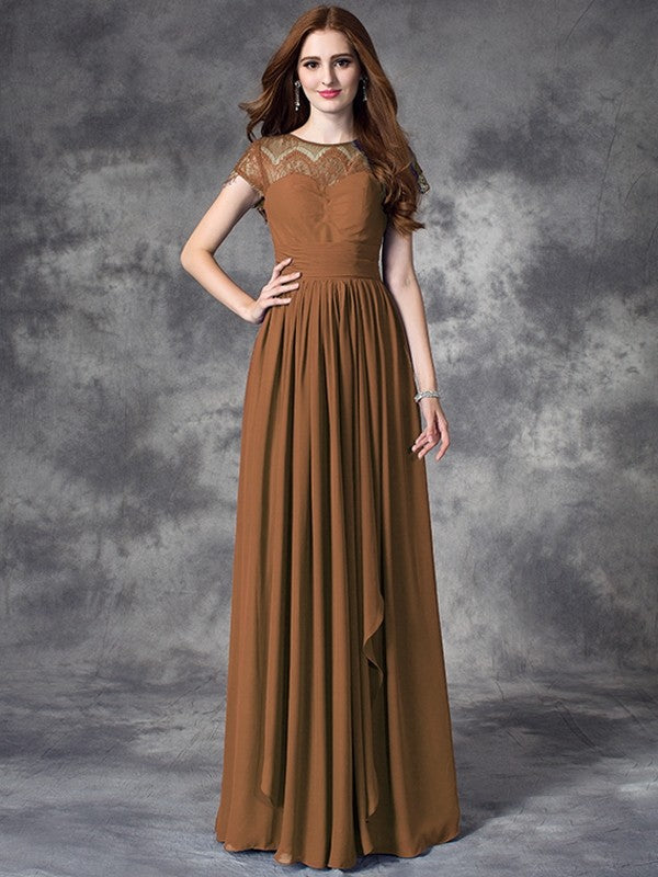 A-Line Charming Bateau Lace Sleeveless Long Chiffon Bridesmaid Dresses