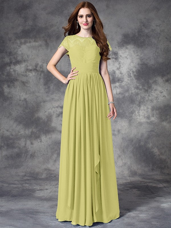 A-Line Charming Bateau Lace Sleeveless Long Chiffon Bridesmaid Dresses