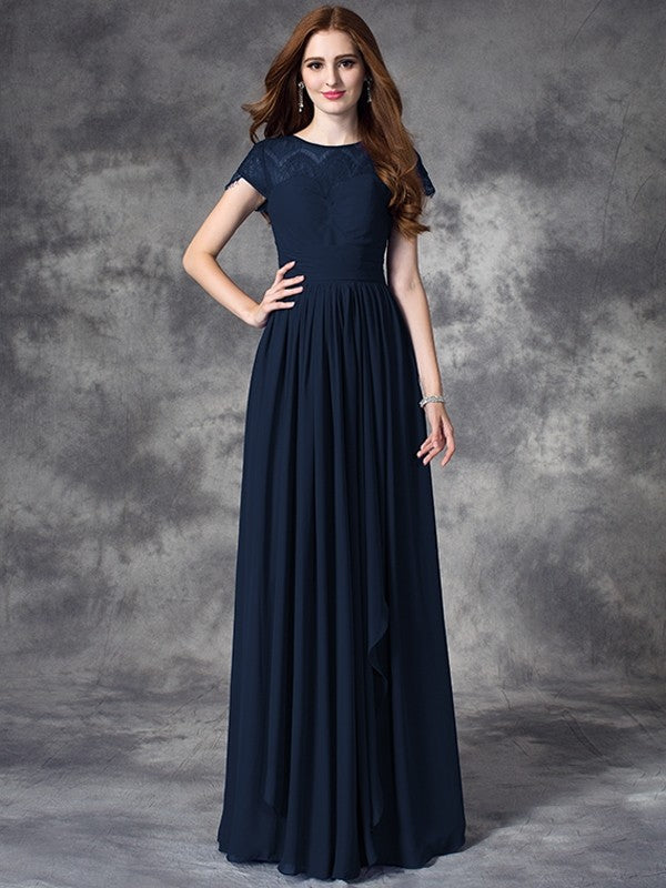 A-Line Charming Bateau Lace Sleeveless Long Chiffon Bridesmaid Dresses