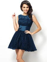 A-Line Charming Bateau Lace Sleeveless Short Lace Bridesmaid Dresses