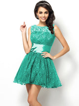 A-Line Charming Bateau Lace Sleeveless Short Lace Bridesmaid Dresses