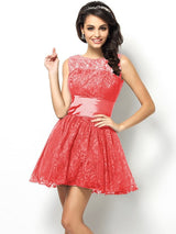 A-Line Charming Bateau Lace Sleeveless Short Lace Bridesmaid Dresses