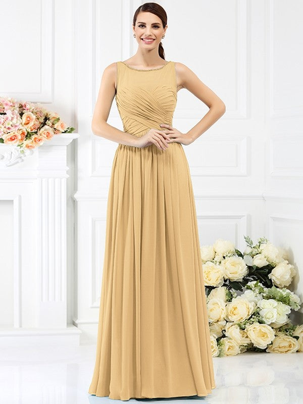 A-Line Charming Bateau Pleats Sleeveless Long Chiffon Bridesmaid Dresses