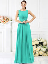 A-Line Charming Bateau Pleats Sleeveless Long Chiffon Bridesmaid Dresses