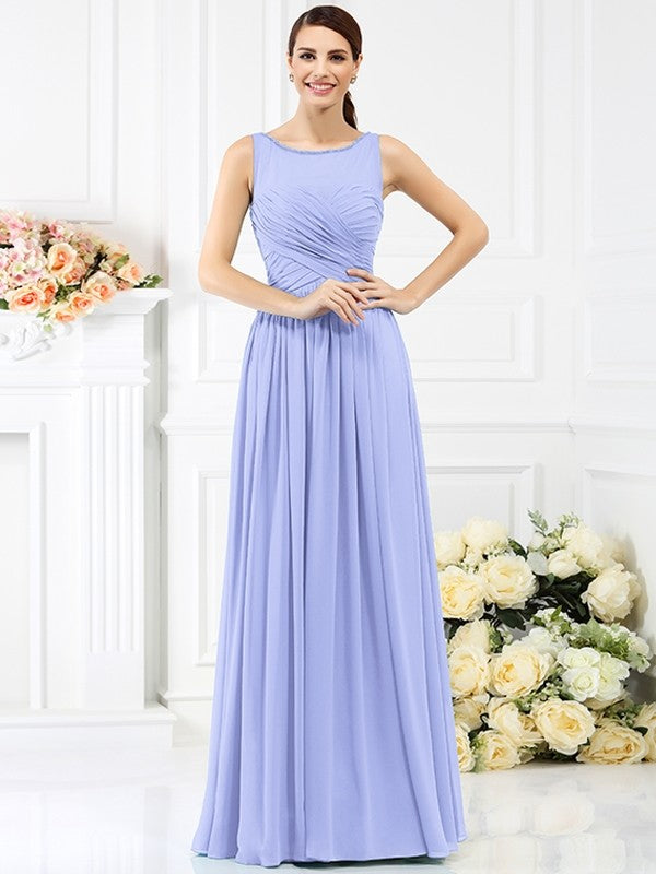 A-Line Charming Bateau Pleats Sleeveless Long Chiffon Bridesmaid Dresses