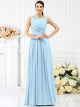 A-Line Charming Bateau Pleats Sleeveless Long Chiffon Bridesmaid Dresses