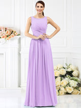 A-Line Charming Bateau Pleats Sleeveless Long Chiffon Bridesmaid Dresses