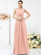 A-Line Charming Bateau Pleats Sleeveless Long Chiffon Bridesmaid Dresses