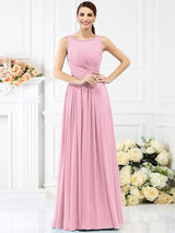 A-Line Charming Bateau Pleats Sleeveless Long Chiffon Bridesmaid Dresses