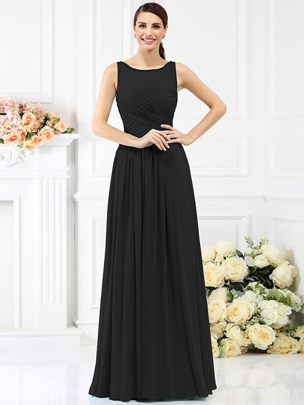 A-Line Charming Bateau Pleats Sleeveless Long Chiffon Bridesmaid Dresses