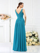 A-Line Charming Bateau Pleats Sleeveless Long Chiffon Bridesmaid Dresses