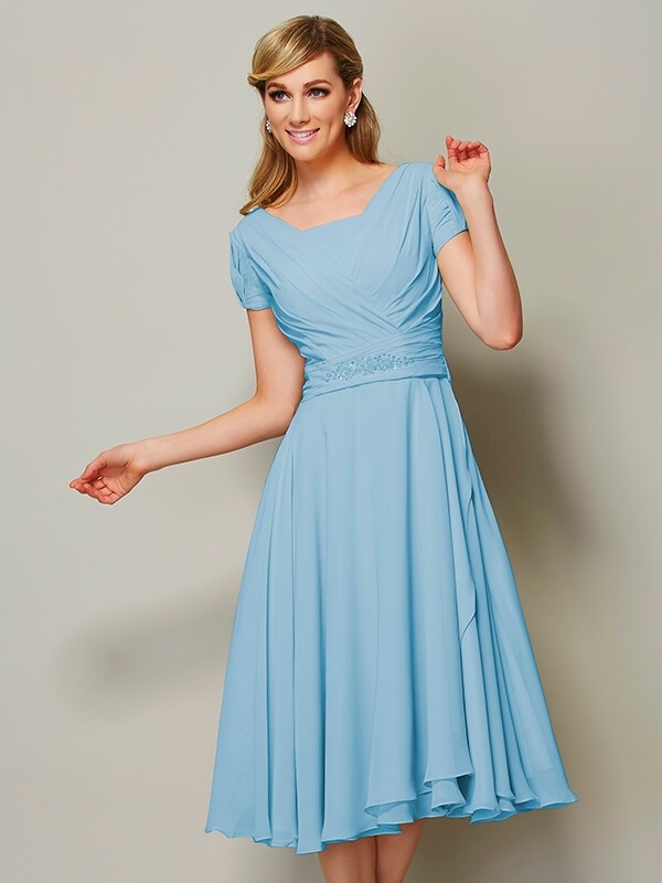 Charming Bateau Short Sleeves Ruffles Short Chiffon Bridesmaid Dresses