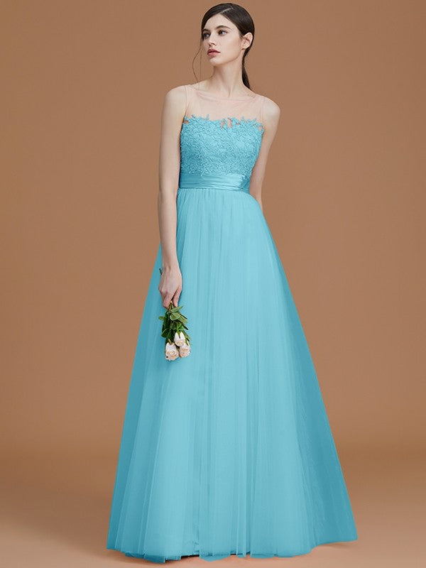 A-Line Charming Bateau Sleeveless Applique Tulle Bridesmaid Dresses