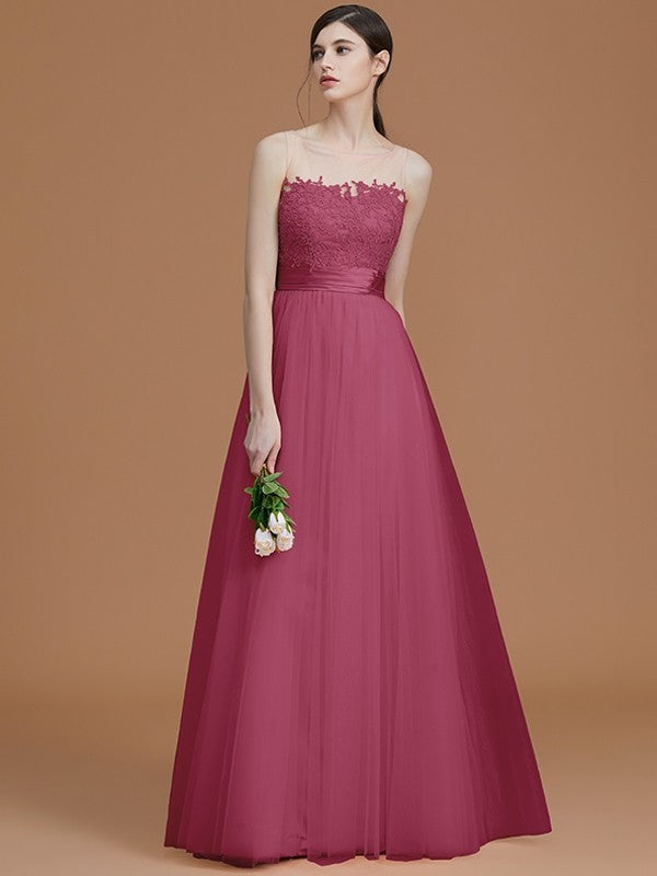 A-Line Charming Bateau Sleeveless Applique Tulle Bridesmaid Dresses