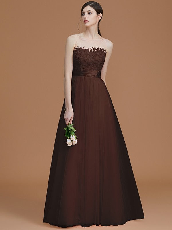 A-Line Charming Bateau Sleeveless Applique Tulle Bridesmaid Dresses