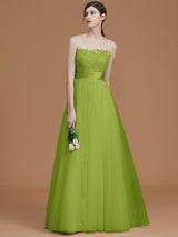 A-Line Charming Bateau Sleeveless Applique Tulle Bridesmaid Dresses